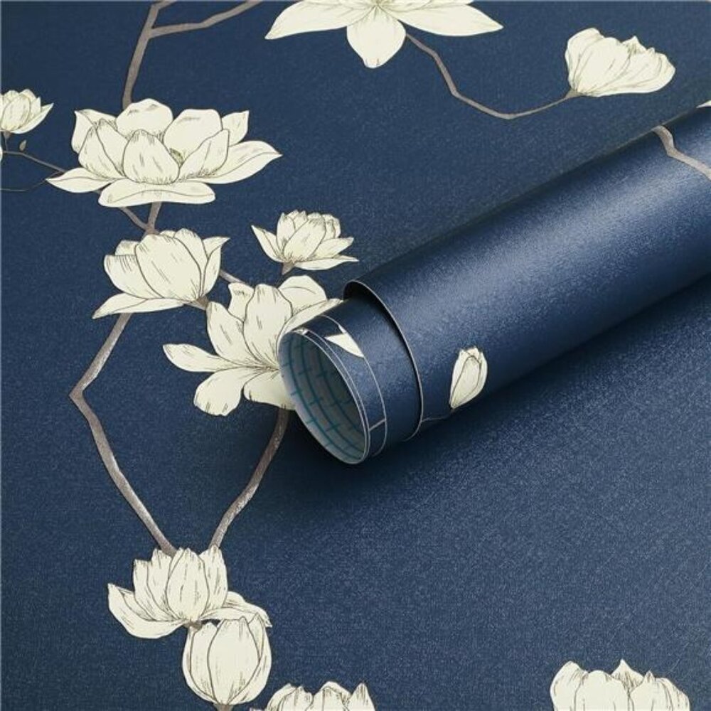 Peel & Stick Wallpaper Dark Blue Floral Beige Flowers 17.3in